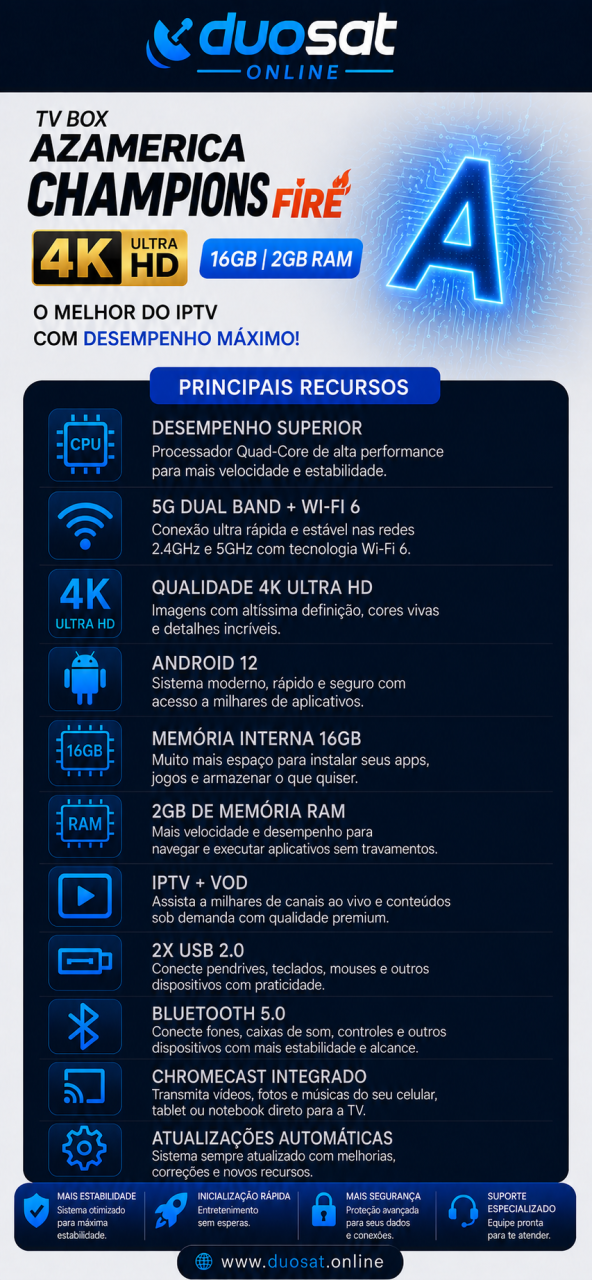 Azamerica Champions Fire 4K Ultra HD com IPTV de 16GB 2GB RAM - Preto