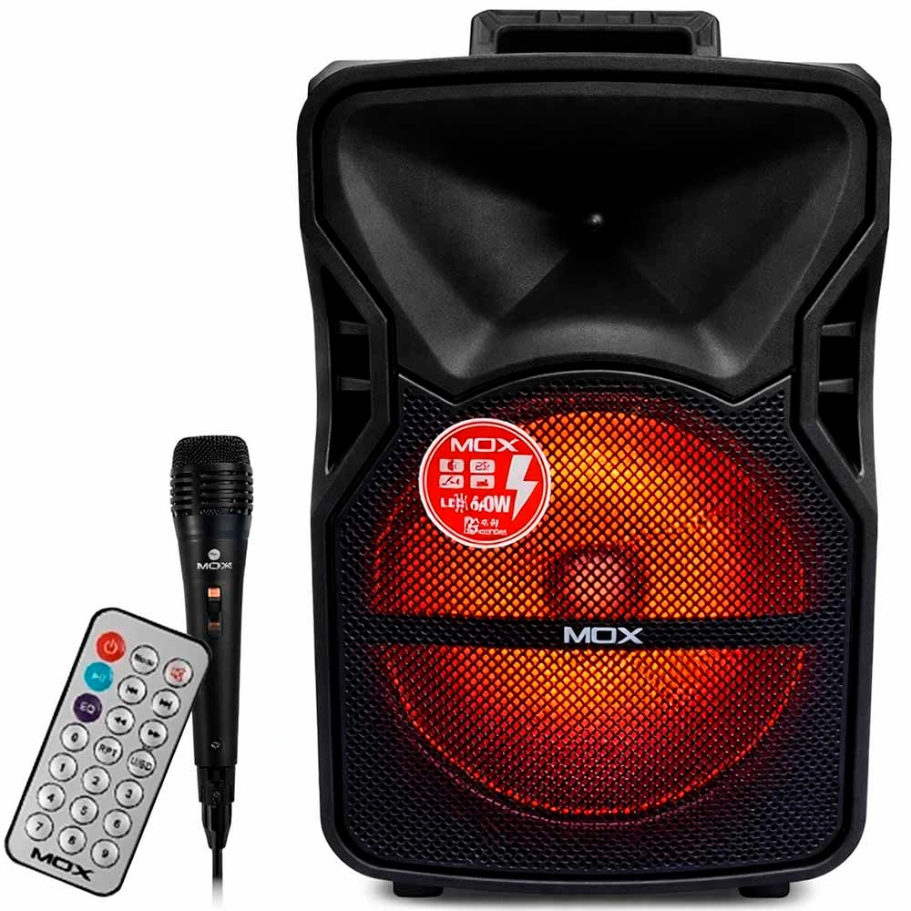 Caixa de Som Mox MO-S1210 - 40W - Bluetooth/USB/AUX - Microfone/Controle - 12'' - Preto