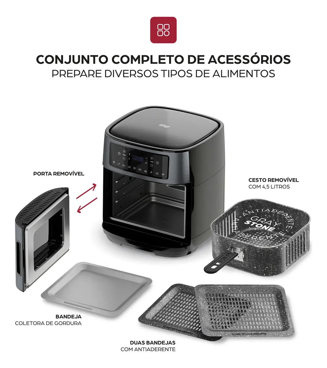 Fritadeira Elétrica Air Fryer Oven Black INOX WAP WAOD2 12 Litros 4 em 1 Porta com Abertura Lateral e Removível 1800W