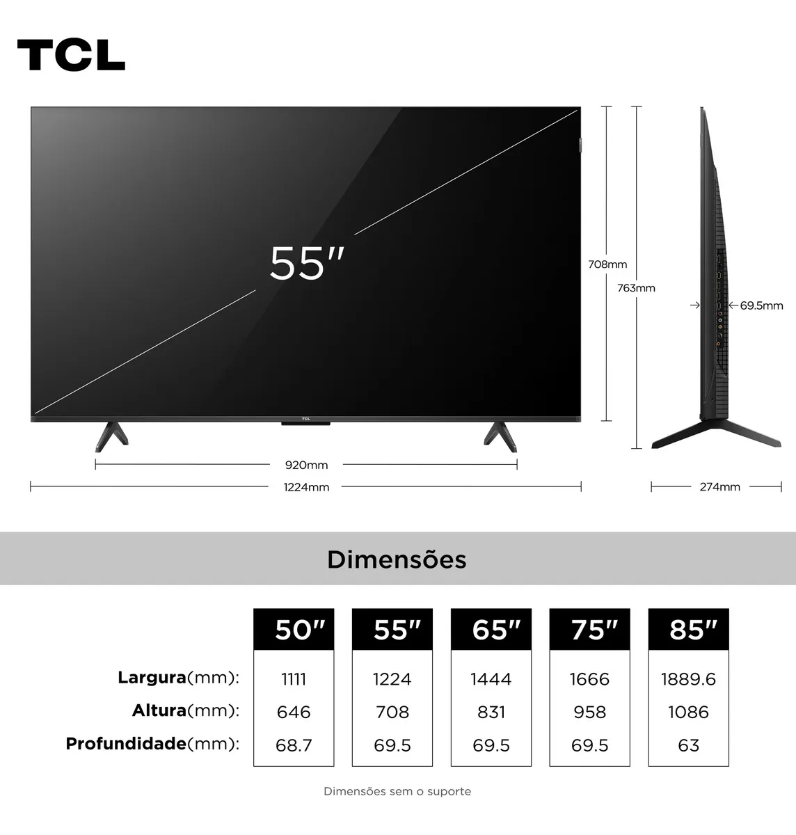 Smart TV TCL 55 Polegadas QLED 4K P7K WiFi Bluetooth Google TV HDR10+ Dolby Atmos Dolby Vision 55P7K