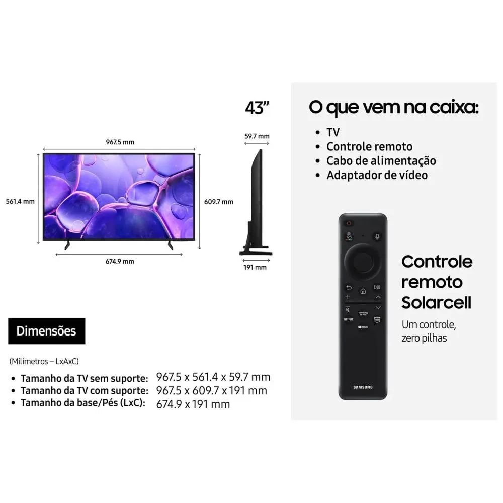 Smart TV 43" Samsung 4K UHD Crystal UHD UN43U8600FGXZD Tizen Bixby 3 HDMI